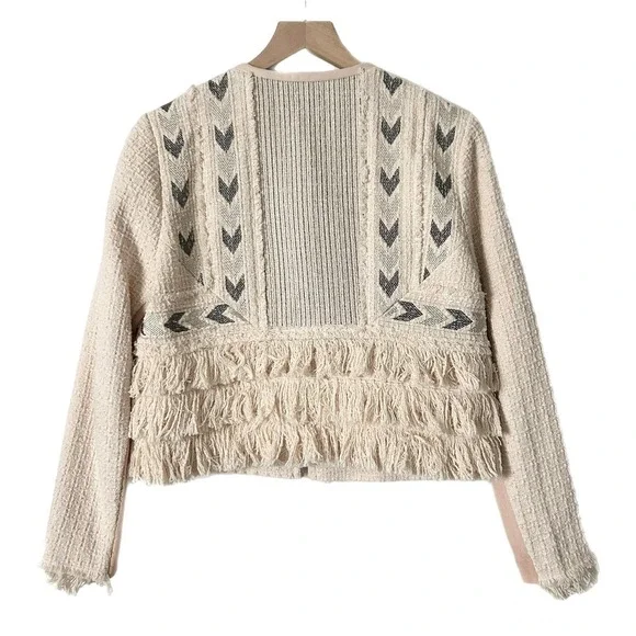 Rebecca Taylor Tweed Embroidered Fringe Blazer Jacket in Cream Pale Pink Size 10 - Picture 4 of 6